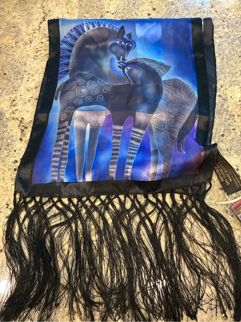 Laurel Burch Vibrant Blue and Black Horse Print Scarf